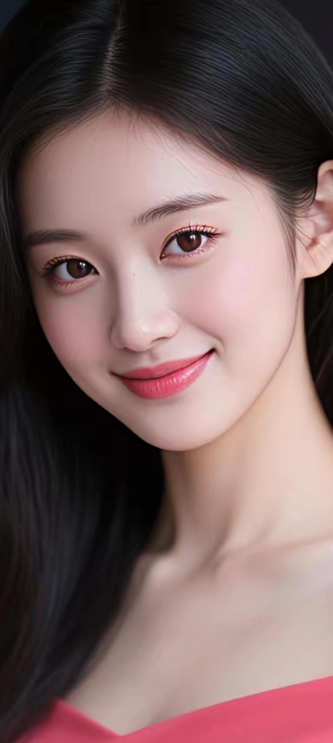 甜美少女，温柔笑容，粉色唇妆，清新自然，少女心爆棚！💖🌸