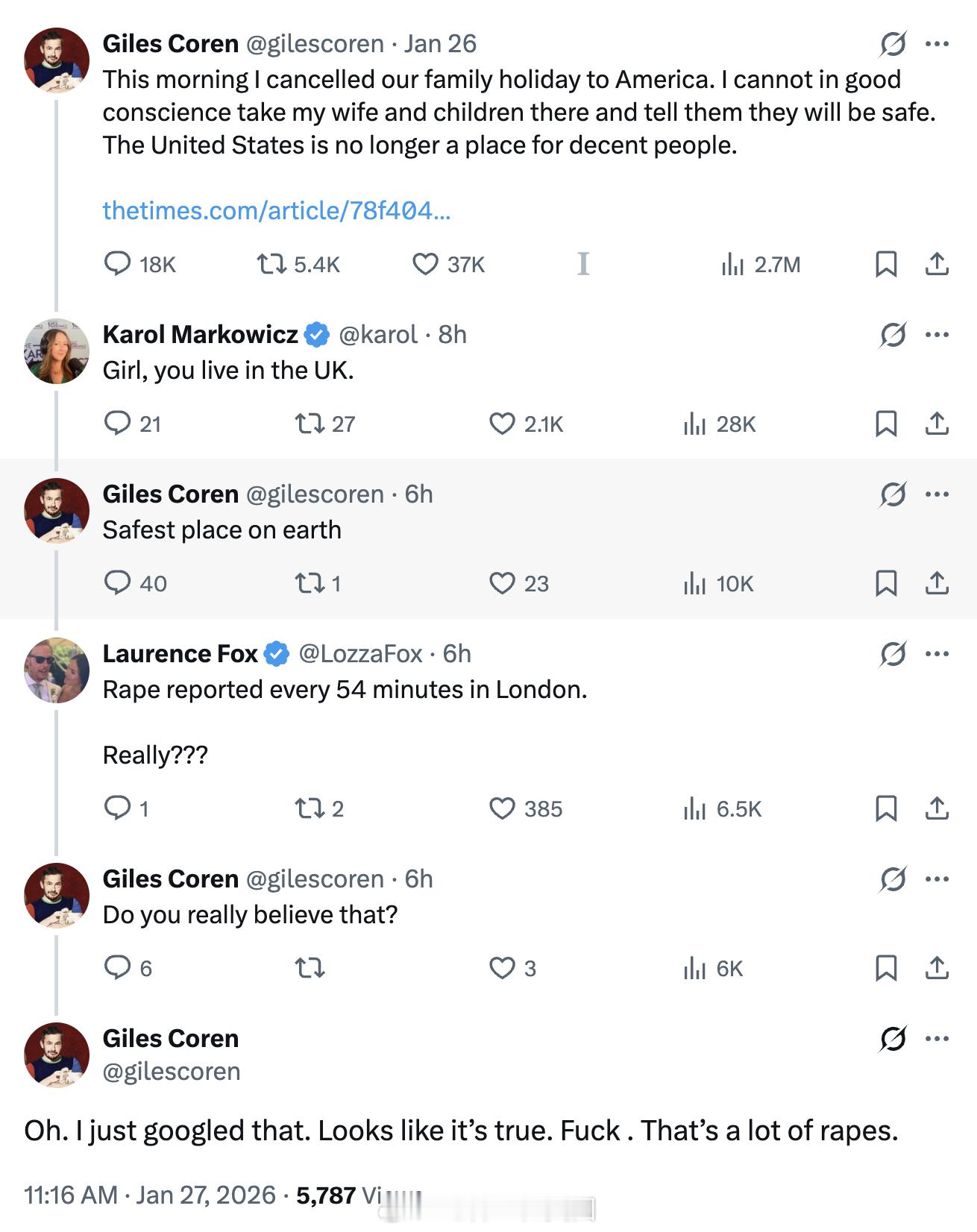 今天推上最火的一个帖子。来自英国的推主认为美国已危，决定不来美国度假，有人提醒说