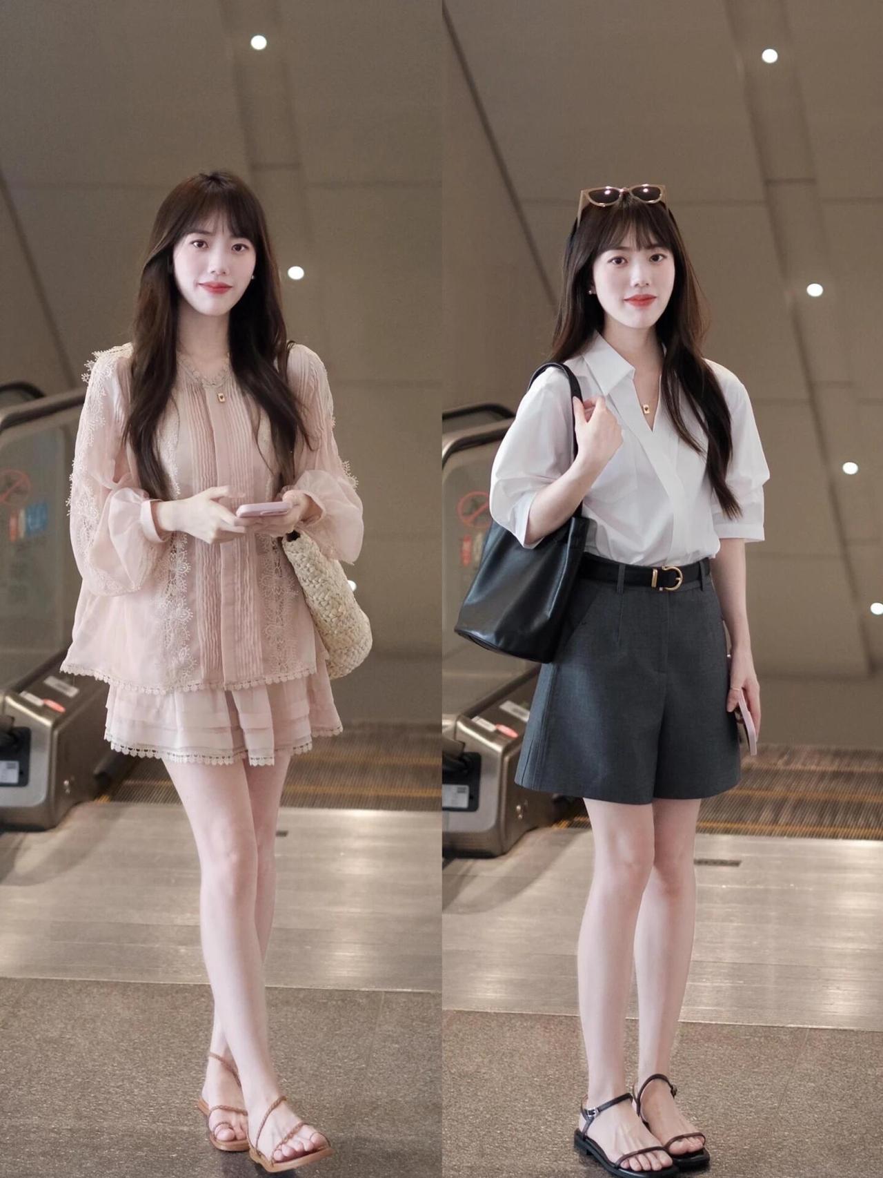 显高又洋气，小个子这样穿超好看！
她用短款蕾丝衫+同色系半裙打造高腰线，白衬衫+