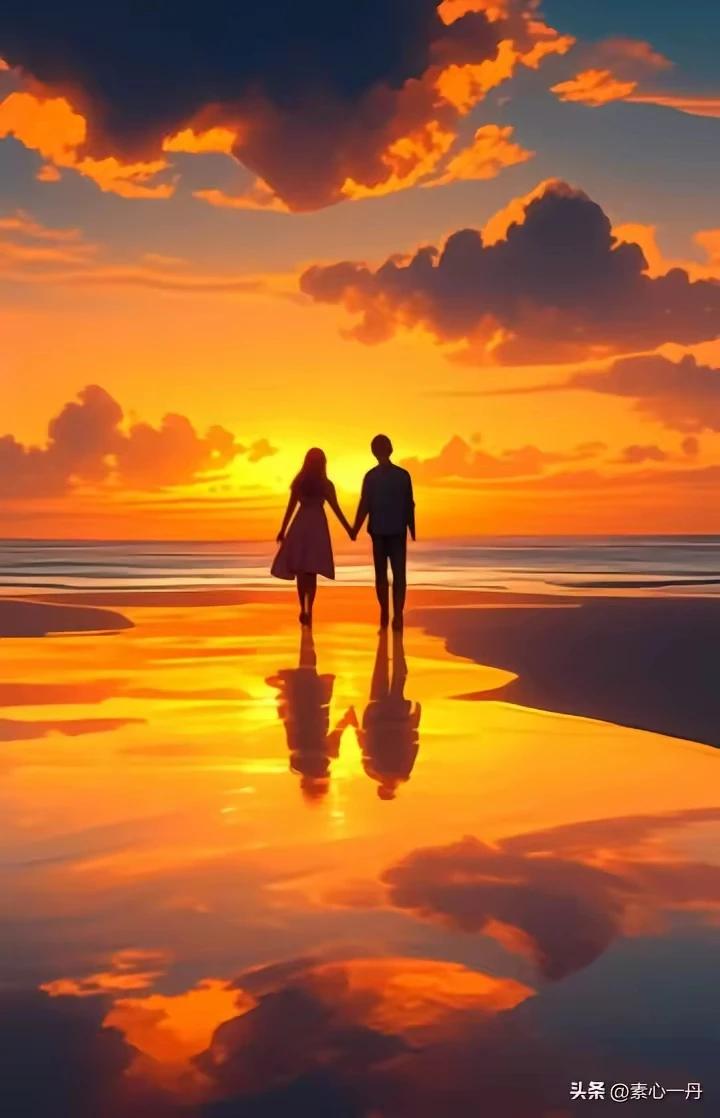 落日熔金染海天，
相携相伴意绵绵。
平生最是心安处，
同频共振尽开颜。