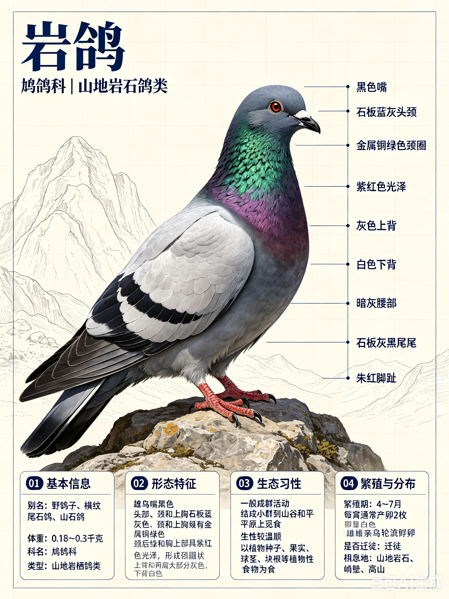 鸟类朋友图鉴 岩鸽科名：鸠鸽科体重：0.18～0.3千克别名：野鸽子、横纹尾石鸽