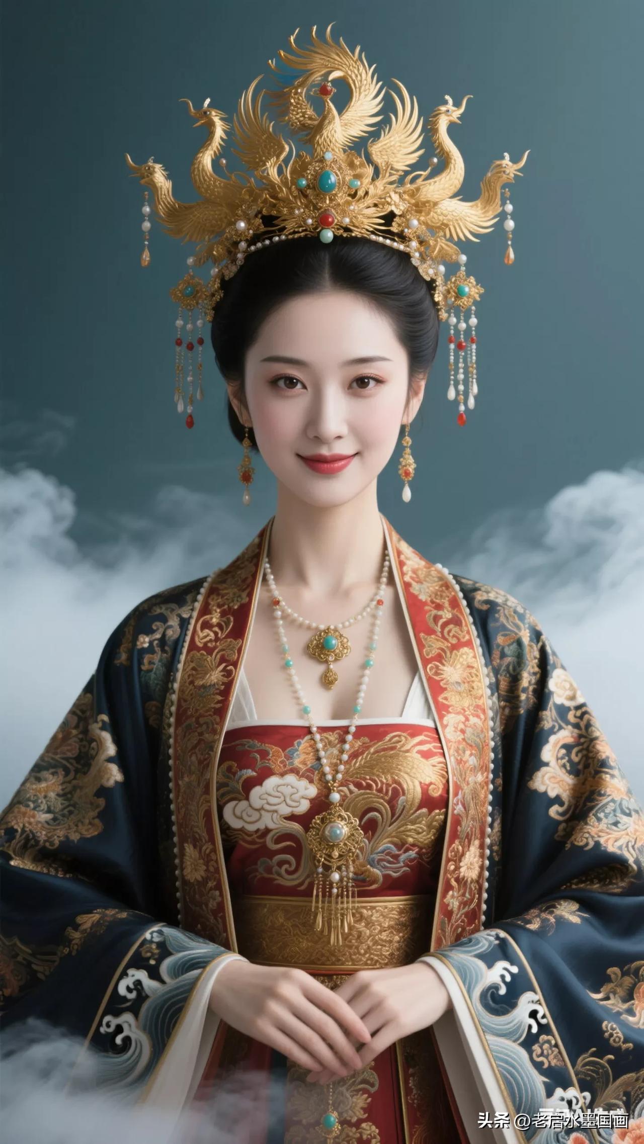 穿越时空的古典美人，华丽头饰与精致服饰相得益彰，尽显皇家风范。张立启原创书画AI