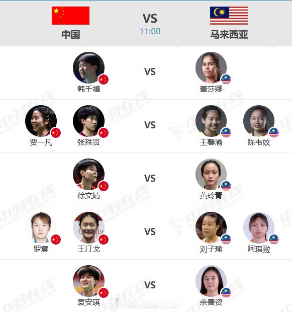 亚团国羽女团首场对阵🆚出炉中国🇨🇳 🆚 马来西亚🇲🇾一单：韩千禧 v