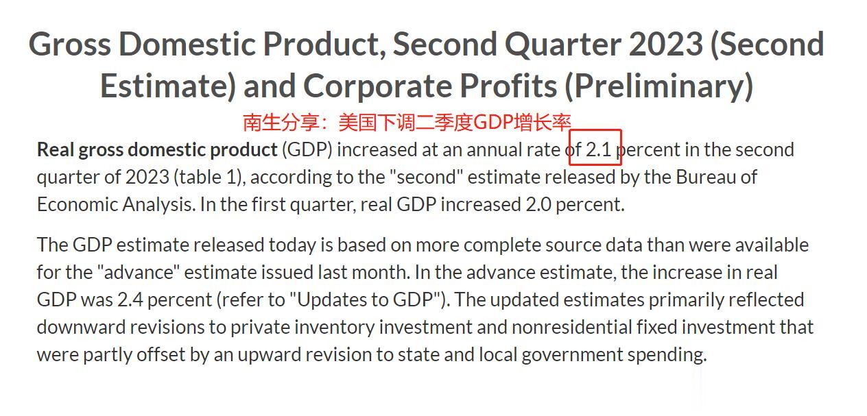 美国下调二季度GDP增速：环比年化增长2.1%，同比上涨2.4%

源自美国商务