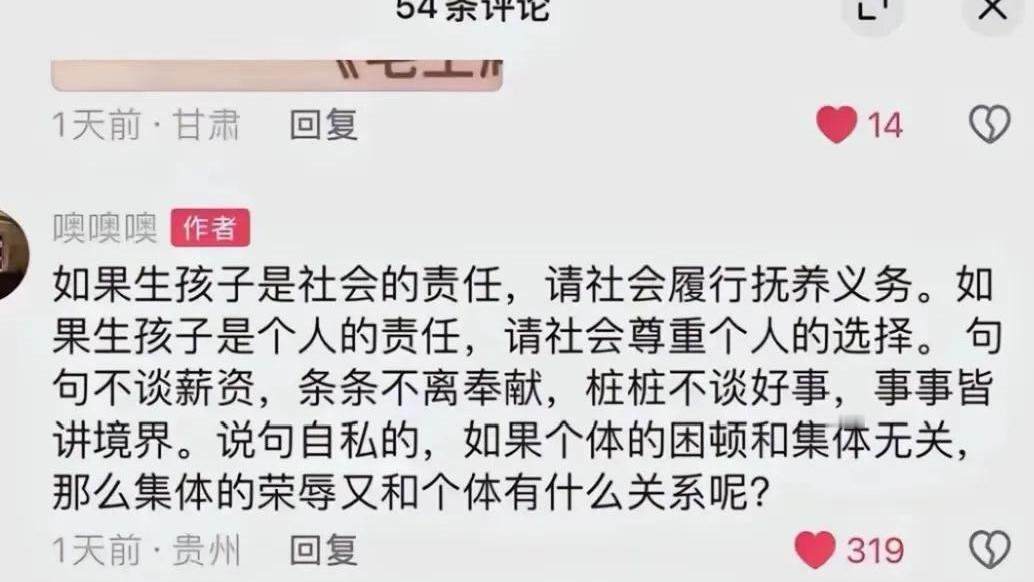 现在年轻人的思想很危险，声称如果生孩子是社会责任，请社会履行抚养义务，如果生孩子
