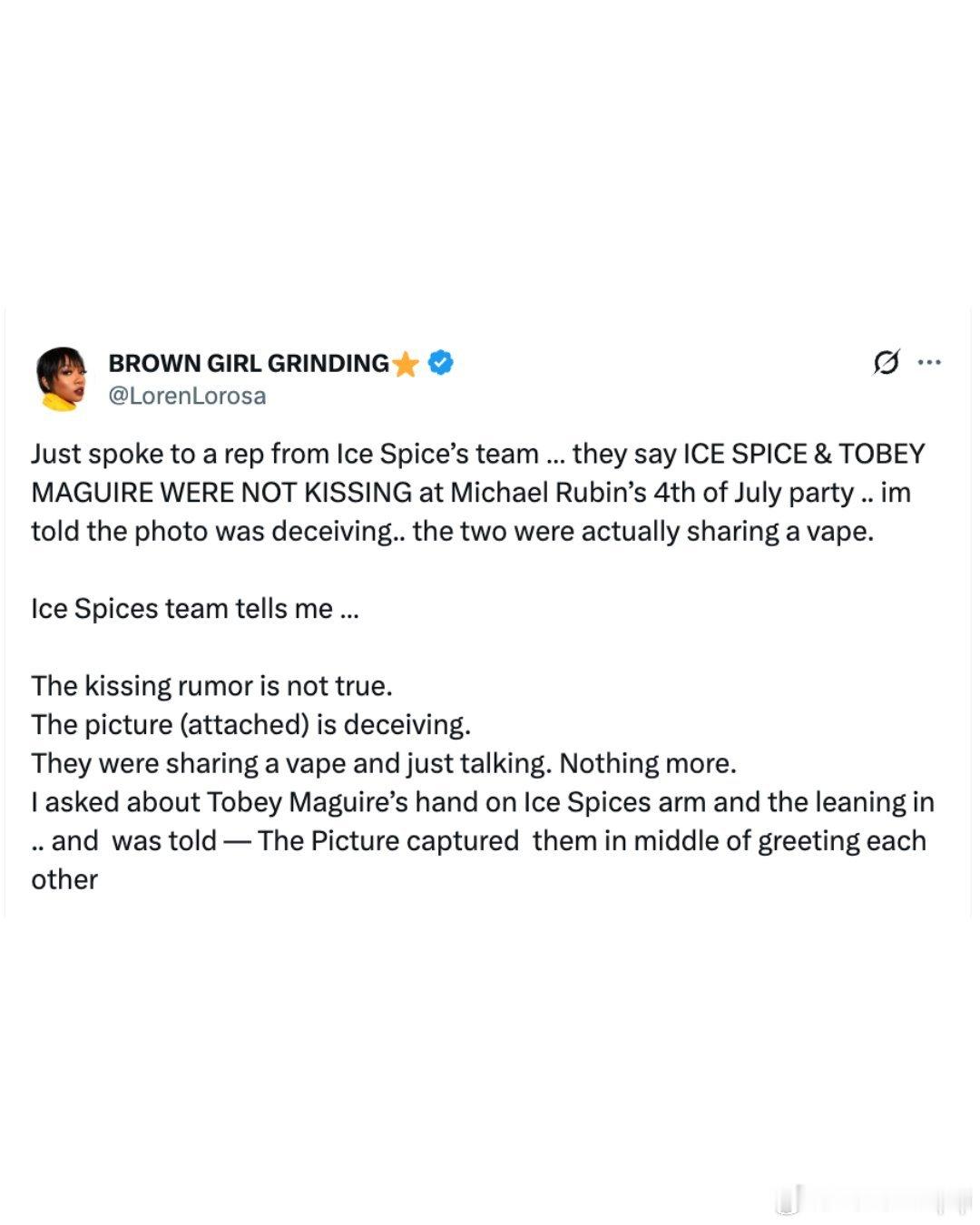 冰香料经纪人辟谣 Ice Spice 和 Tobey Maguire 没有接吻，
