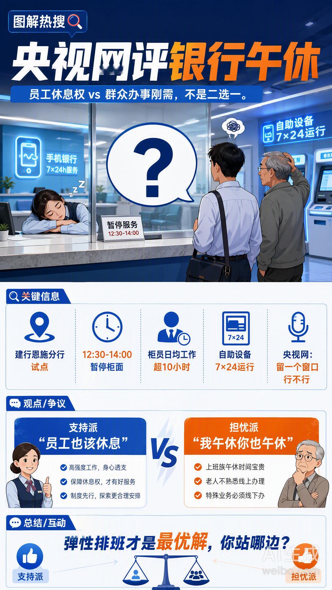 央视网评银行午休很多人也只有周末和午休时间能去办理业务！如果银行全都午休，周末又