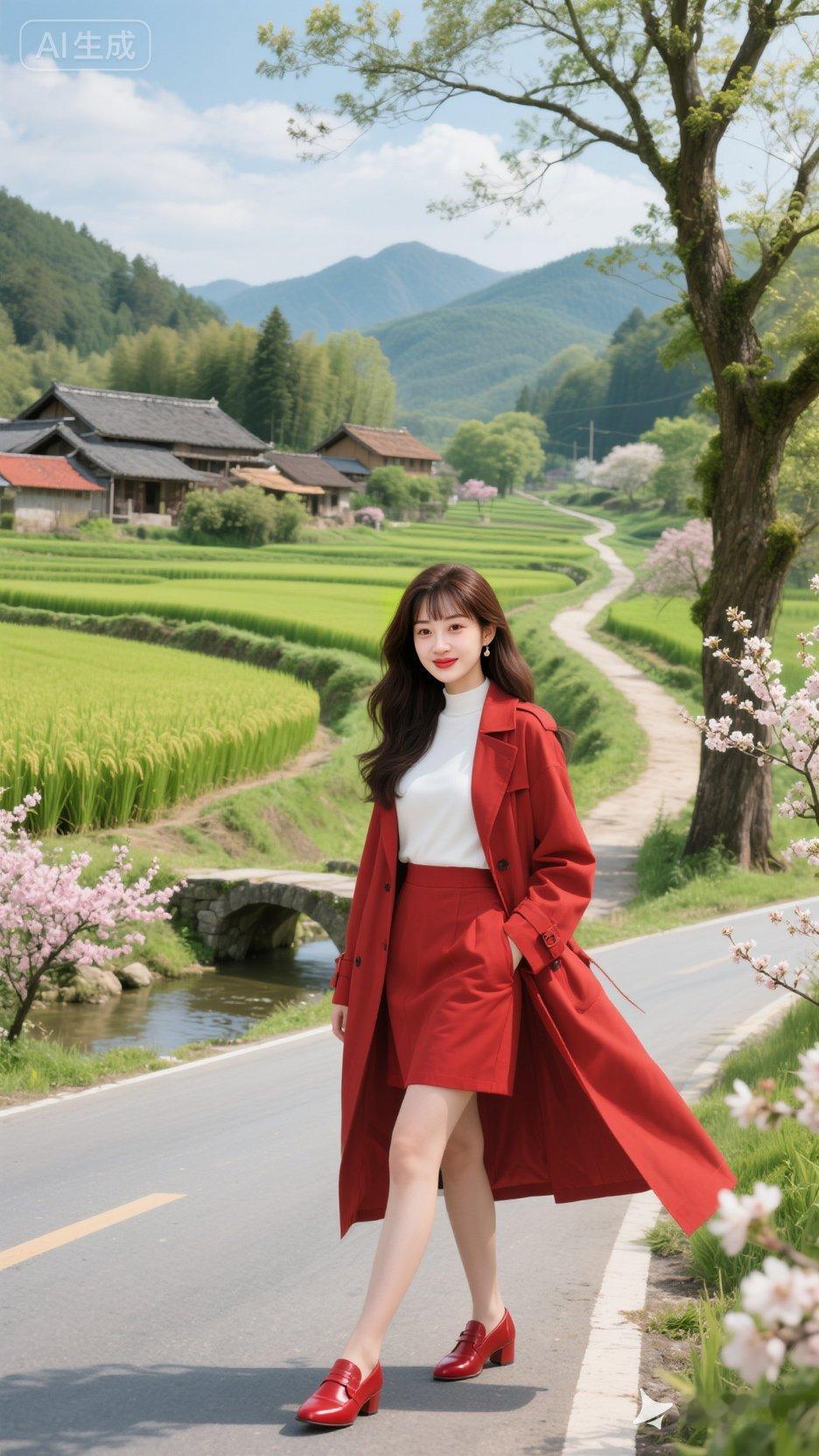 春日漫步，红衣少女与乡村美景相映成趣