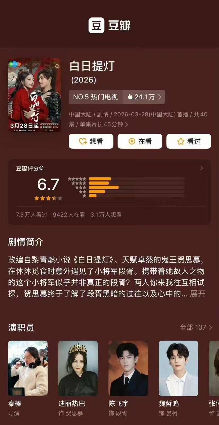 迪丽热巴陈飞宇白日提灯豆瓣开分6.7迪丽热巴陈飞宇新剧豆瓣6.7分哇哦！ 迪丽热