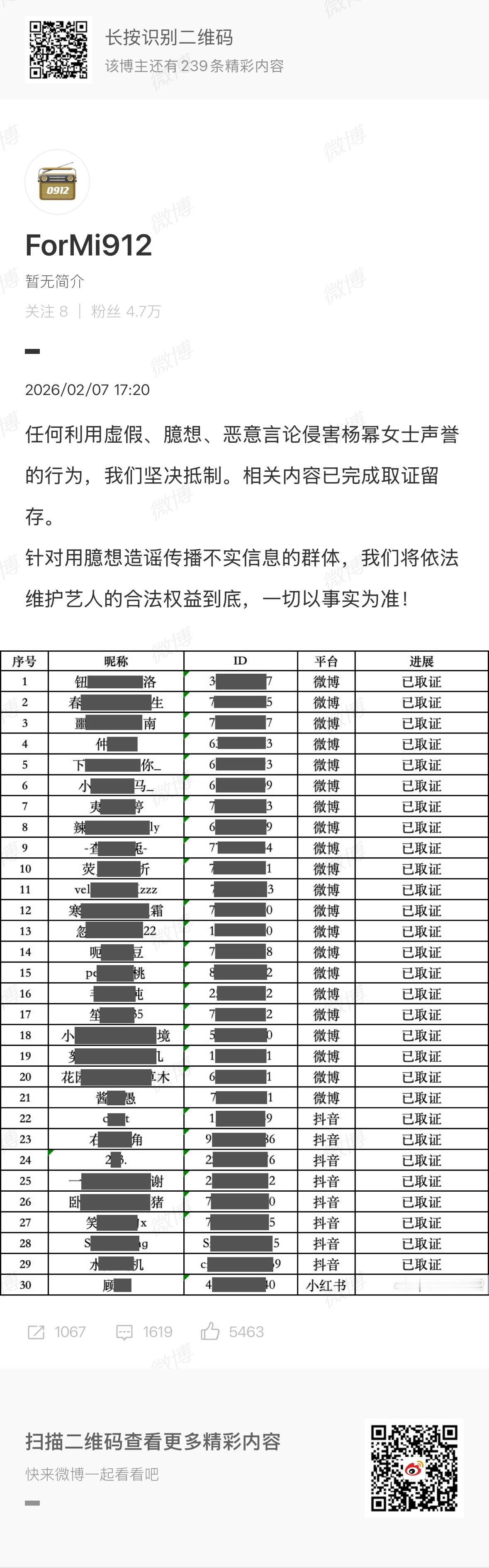 杨幂对接公示全平台取证告黑名单 
