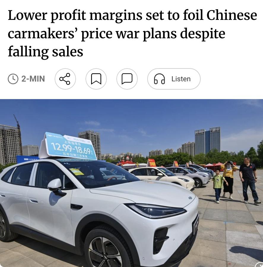 外媒：中国汽车制造商因原材料成本上升导致利润率大幅收窄，难以继续降价促销，价格战