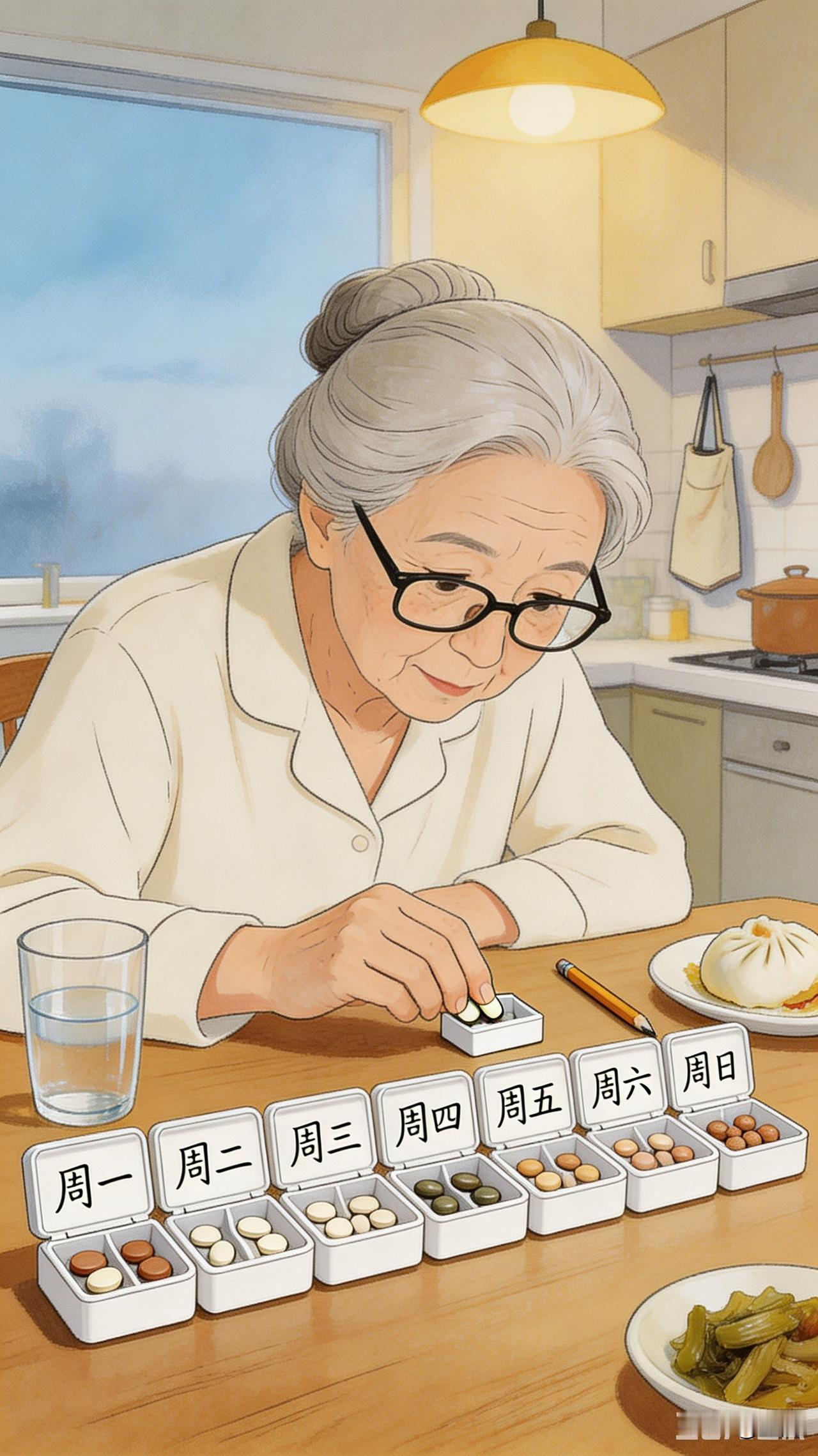清晨六点半，厨房的灯先亮了。
张阿姨戴着老花镜，坐在餐桌前分药。
七个白色小药盒