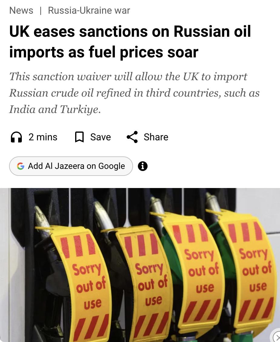 外媒：英国放宽对俄制裁，允许进口经第三国精炼的俄罗斯油气

受伊朗战争及霍尔木兹