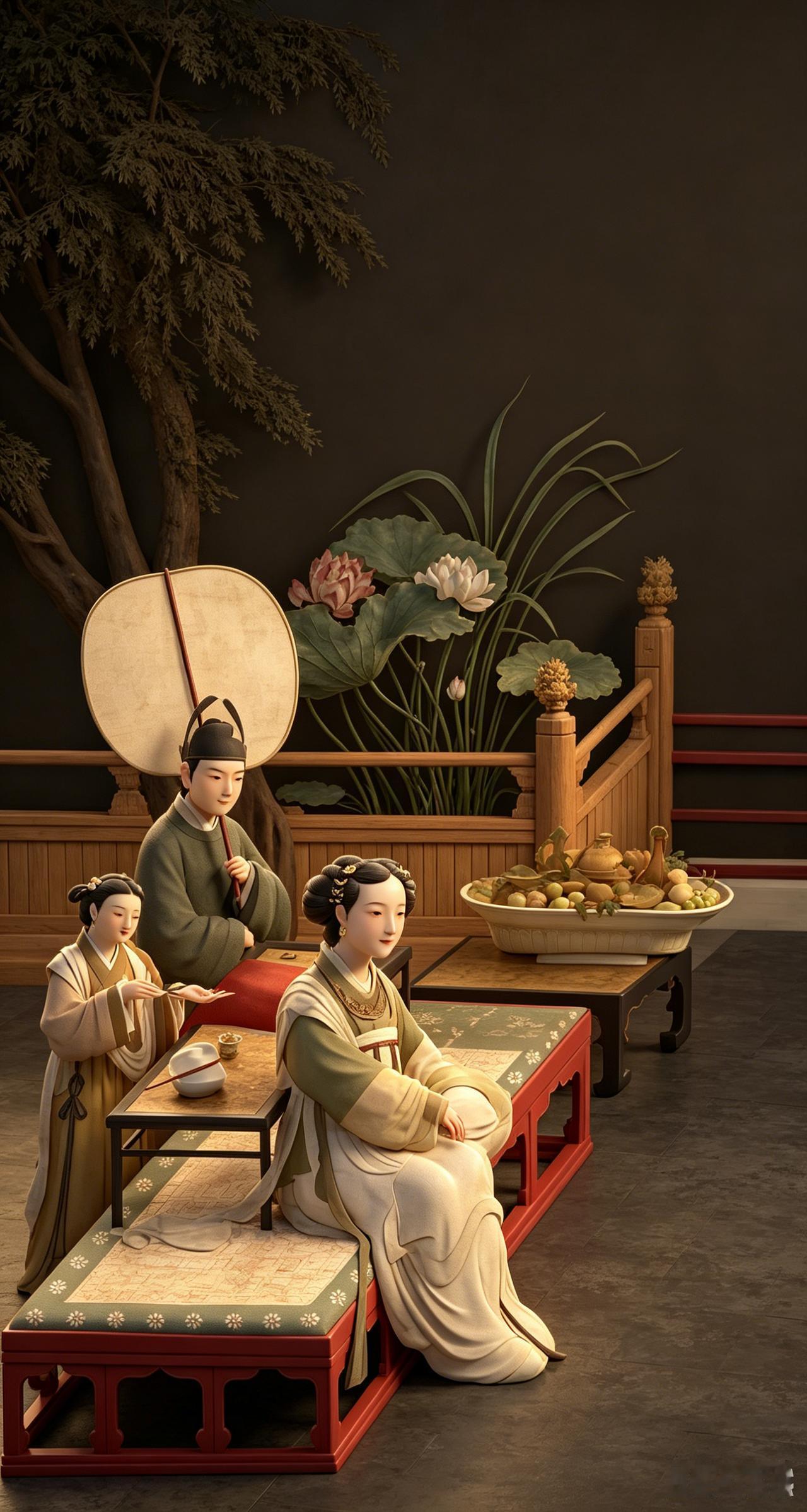 这张《宫沼纳凉图》，用古拙的笔调，把宋代大户人家女子夏日闲坐、纳凉对弈的慵懒松弛