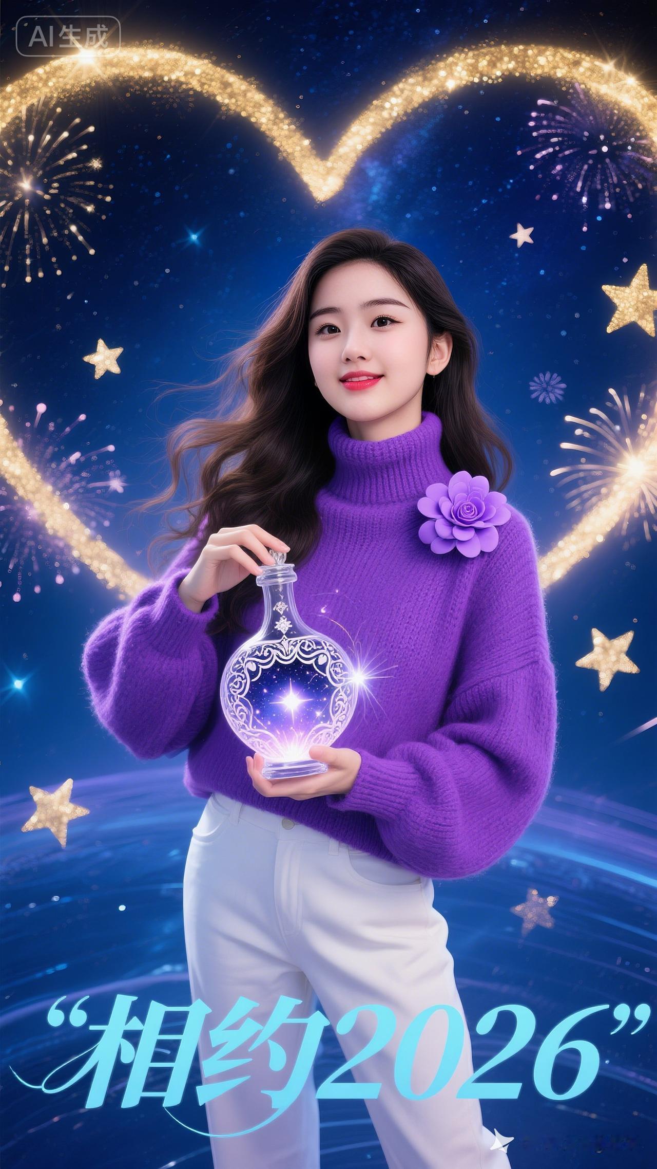 长卷发美女身着亮紫色高领宽松毛衣，缀紫色立体小花，配白裤，手持流光星空魔法瓶。深