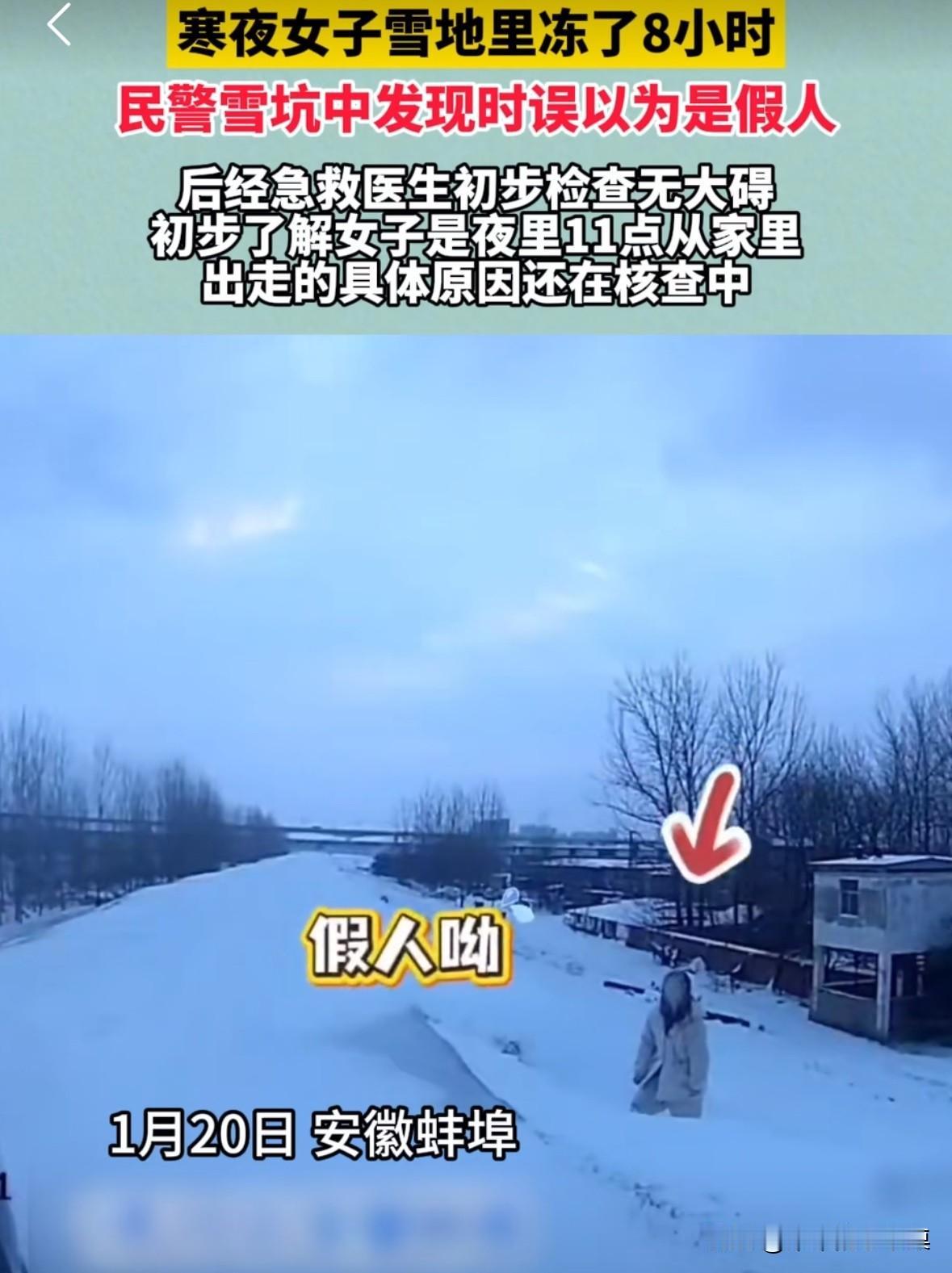 寒夜女子在冰天雪地里冻了8个小时，民警看到后还以为是假人。
民警把女子抬上车时，