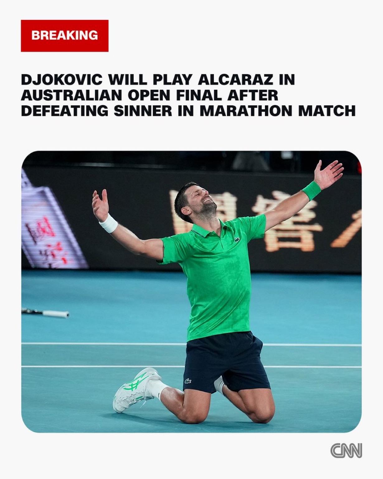 德约科维奇Djokovic在一场马拉松式比赛中击败卫冕冠军辛纳Sinner，五场