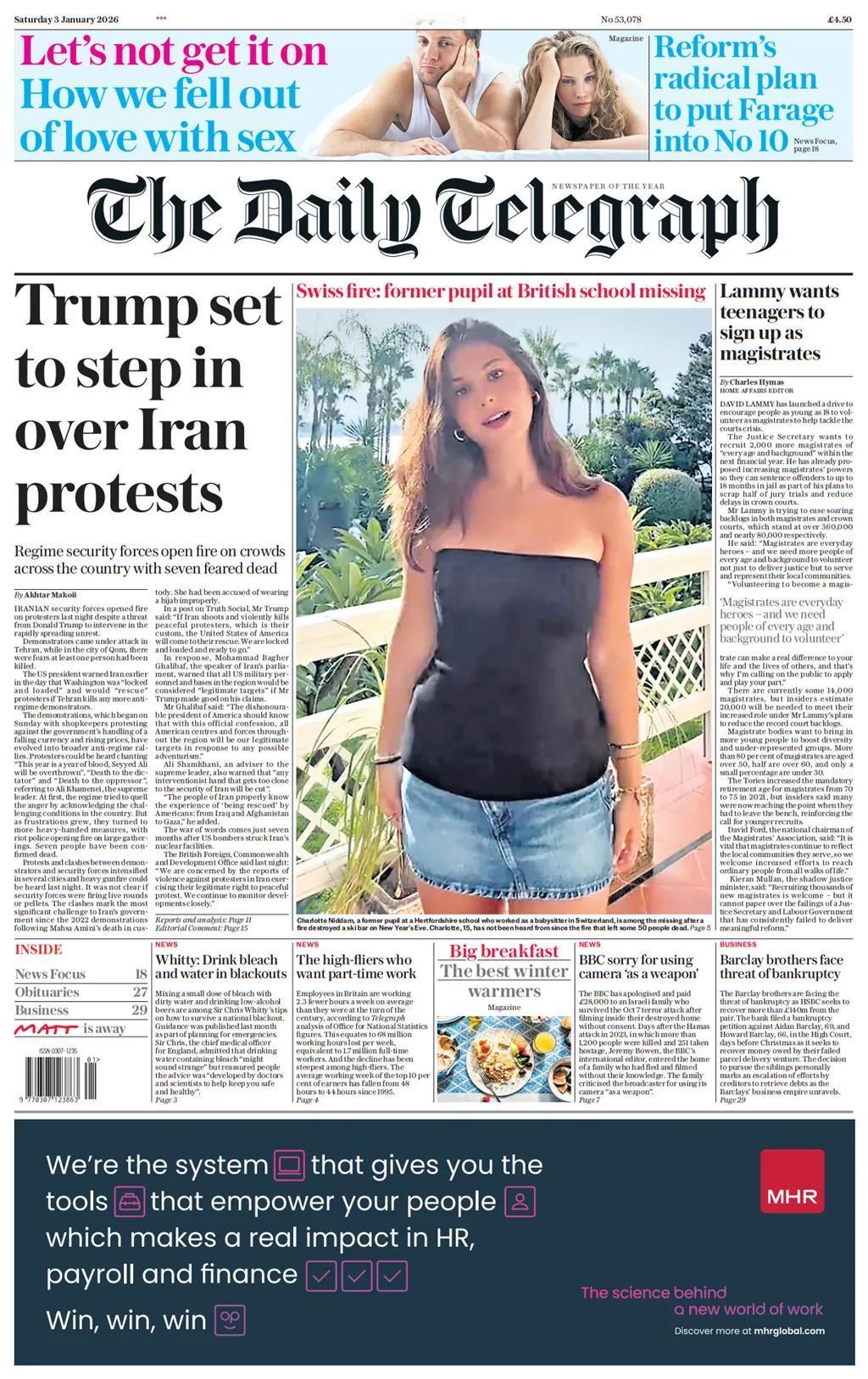 《每日电讯报》头版报道，唐纳德·特朗普威胁要在伊朗经济问题加剧引发动乱后干预伊朗