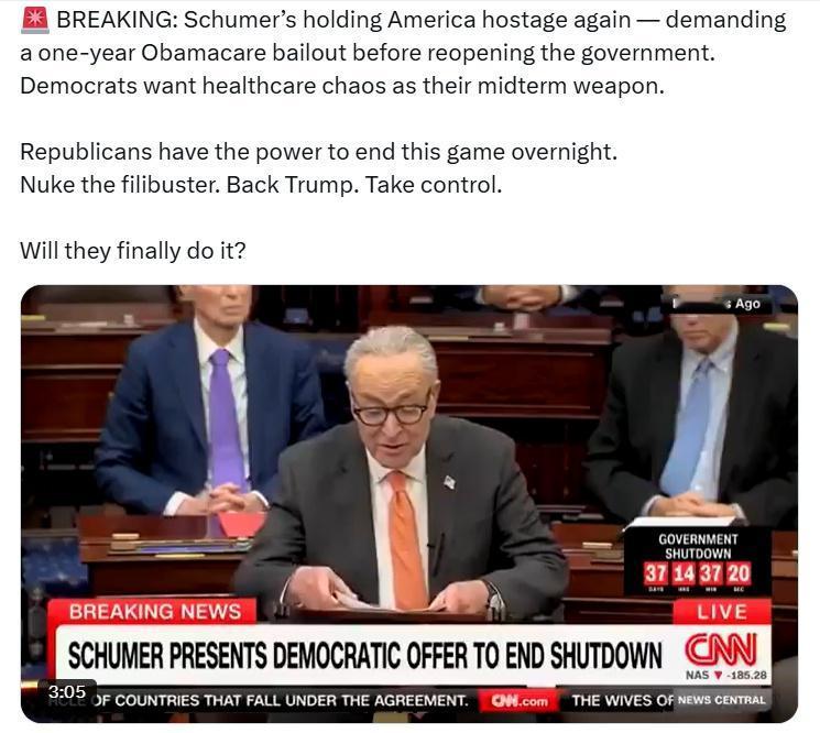 查克• 舒默再次将美国人挟持为人质——在重启正府之前，要求一年期的奥巴马医改救助