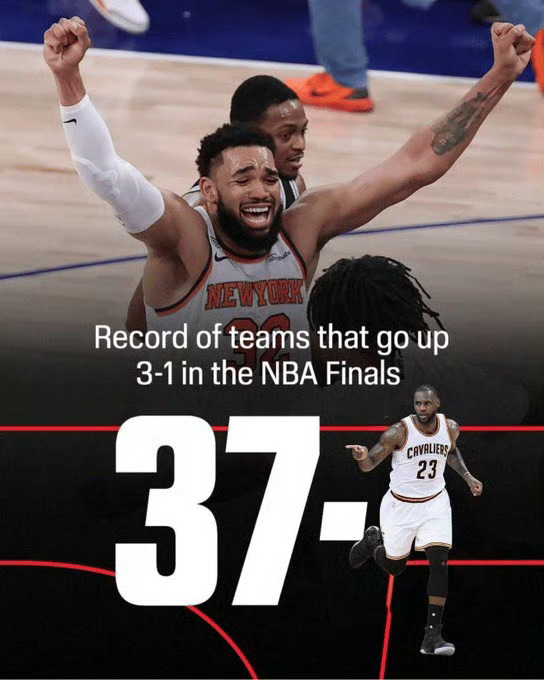 在NBA总决赛的历史中，当有球队在大比分3-1领先时，历史战绩为37胜1负！你觉