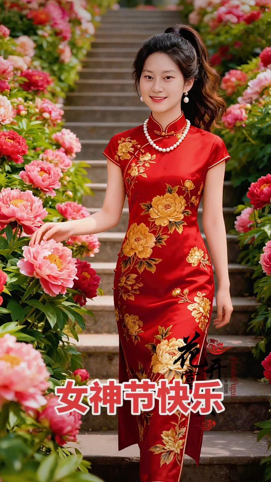 女神节快乐！红衣美人花丛中，绽放美丽与优雅！🌸💃