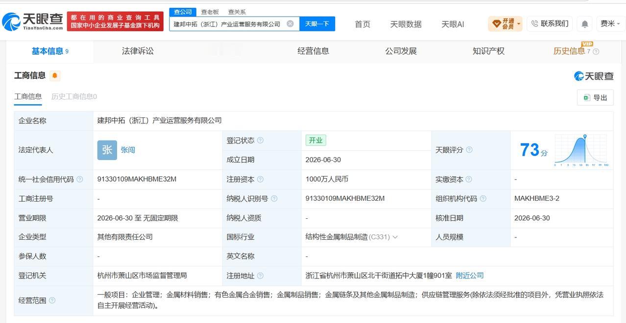 浙商中拓、建邦集团成立产业运营服务公司 注册资本1000万
天眼查App显示，近