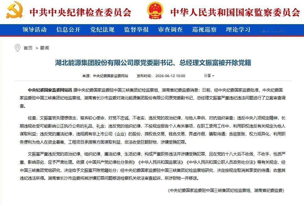 近日，中央纪委国家监委网站发布通报，湖北能源集团股份有限公司原党委副书记、总经理