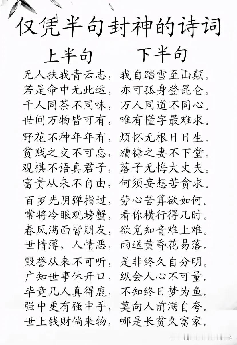 仅凭半句封神的诗词
上半句
下半白
无人扶我青云志，我自踏雪至山颠。
若是命中无