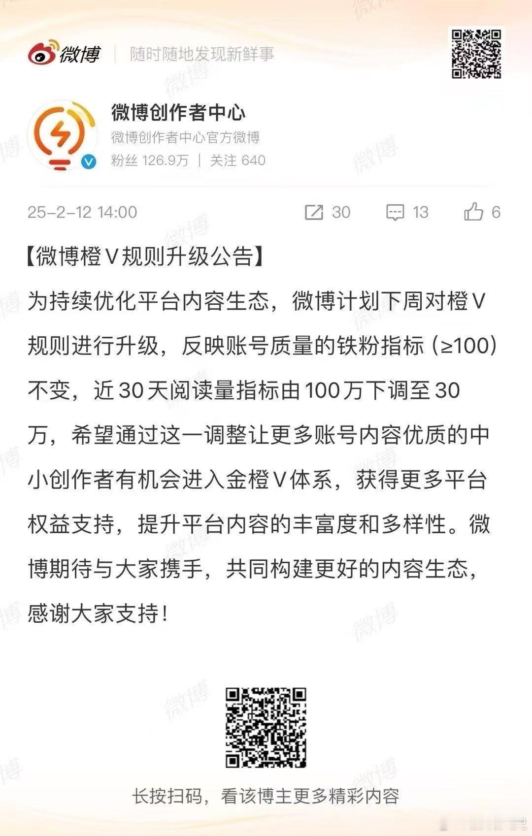 鹏说文史[超话] 橙V改成30万阅读了，太好实现了吧；话说有没有合适的mcn收我