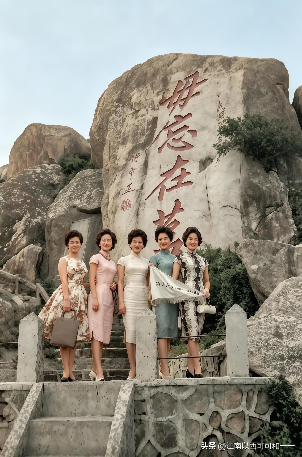 连战夫人领衔的海选美女来慰问，金门太武山“毋忘在莒”摩崖石刻合影！
1.中间白衣