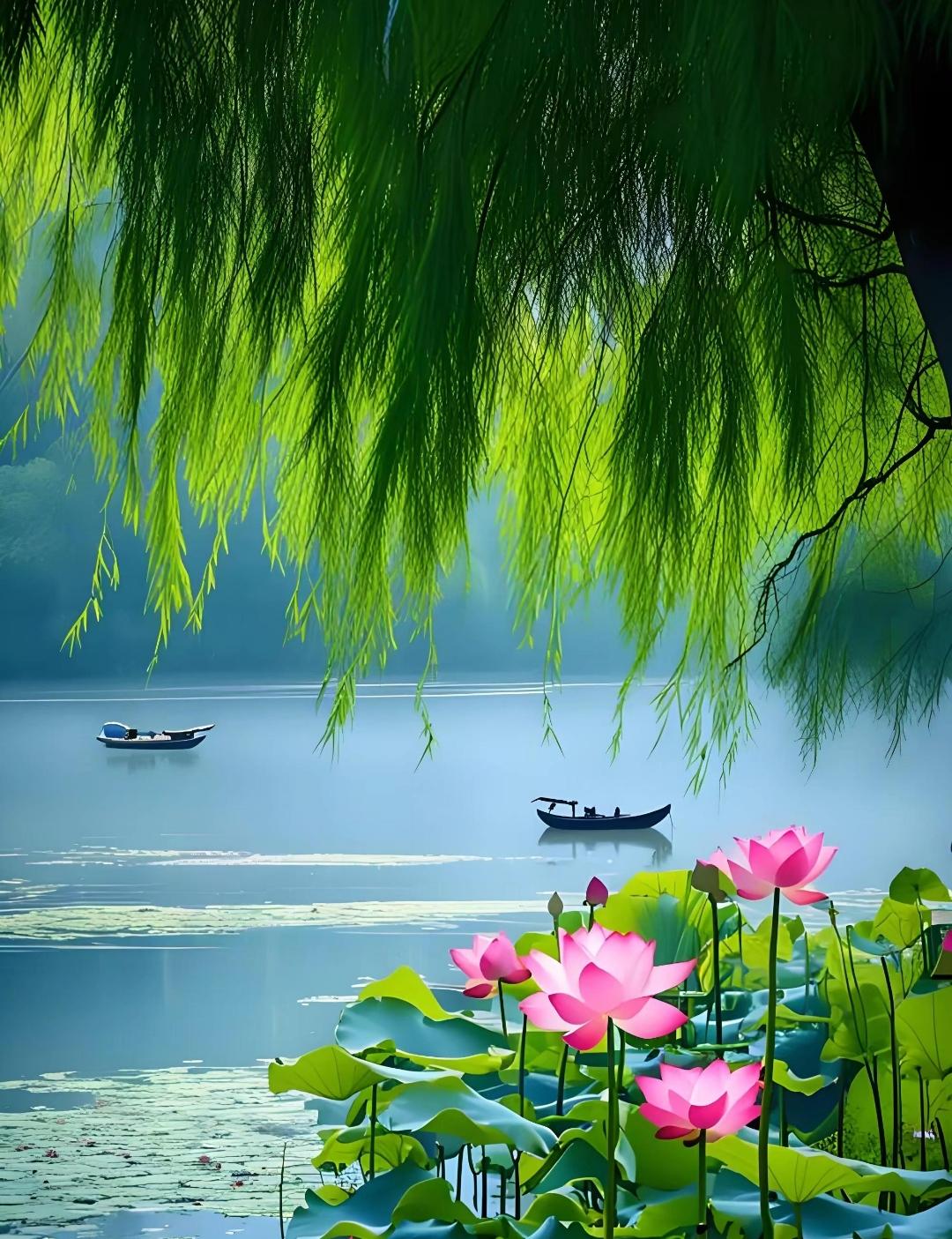 诚邀下联
 下联：春绿水蓝。

（题图来自网络）