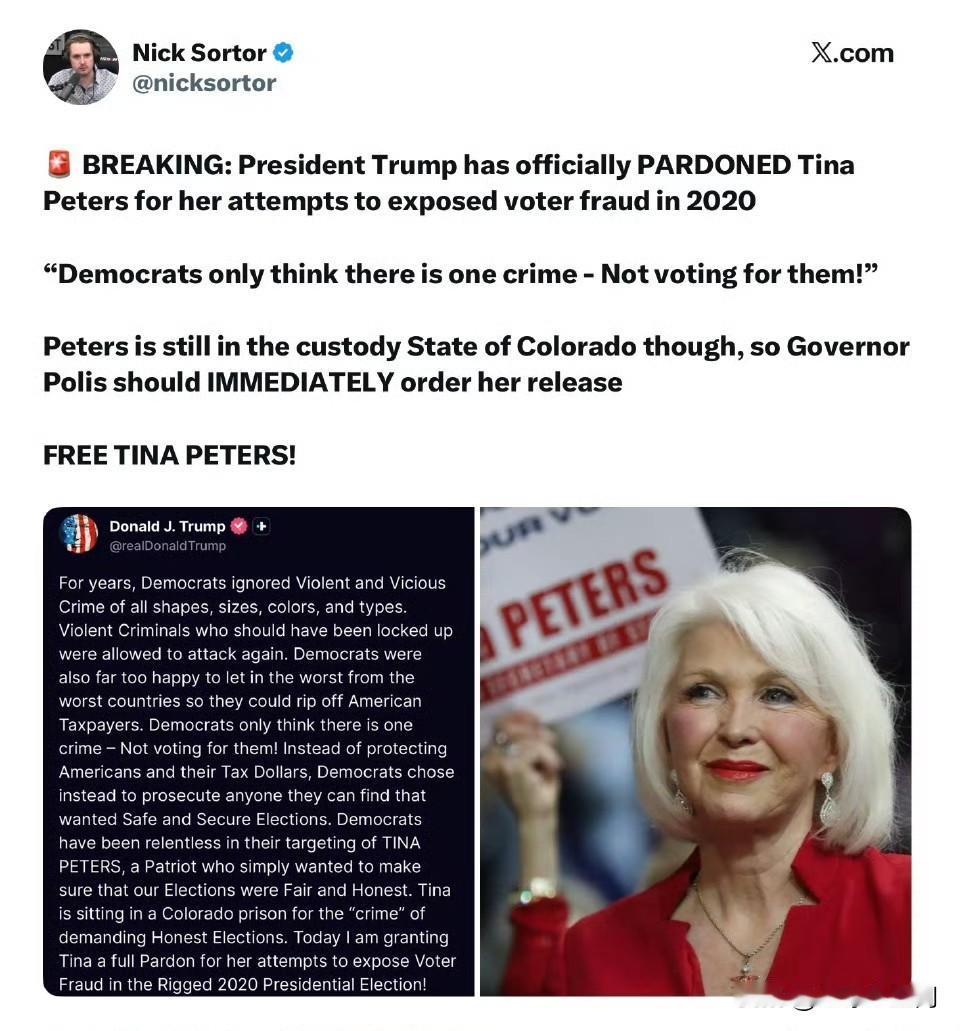 川普總統正式赦免Tina Peters，以表彰她試圖揭露2020年大選舞弊。
