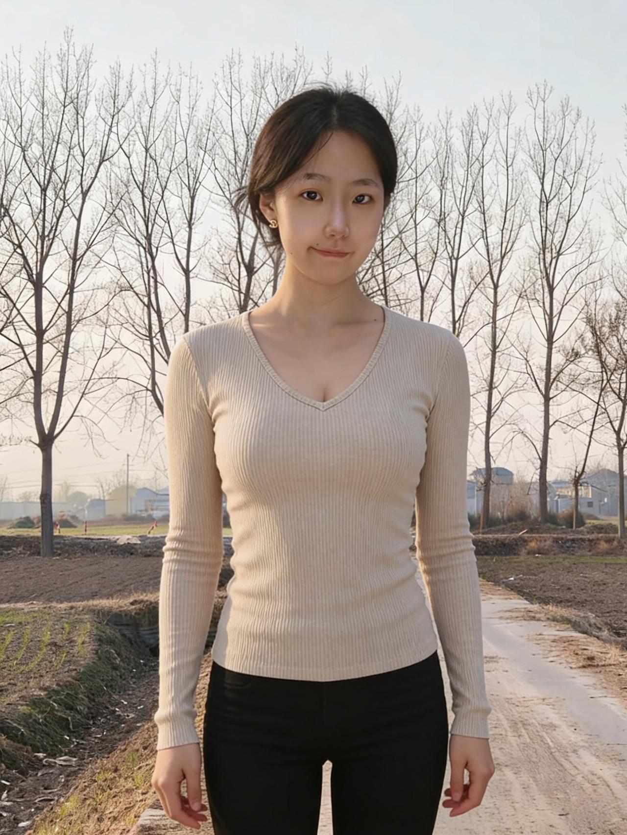 素衣浅立野田头，风拂青丝意自柔。
不必丹青描秀色，眸光一点胜清秋。