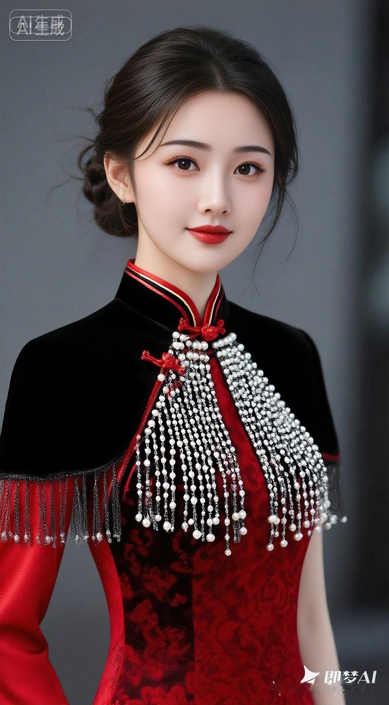 旗袍雅韵（大白话，邀读者续尾）
红裳典雅韵悠长，
珠串流苏映脸庞。
云髻轻盘神静