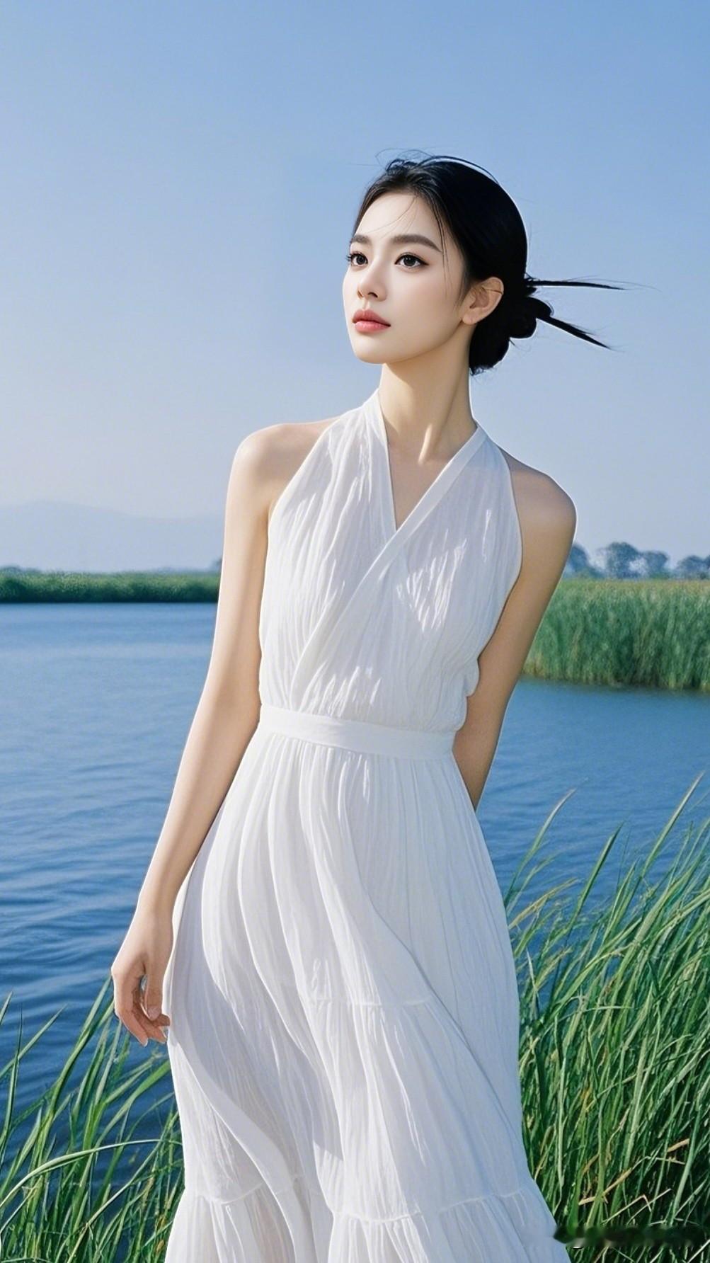 碧波荡漾处，白衣美人立。有没有一张自己觉得拍的很美的照片 夏日清新风，白裙飘飘，