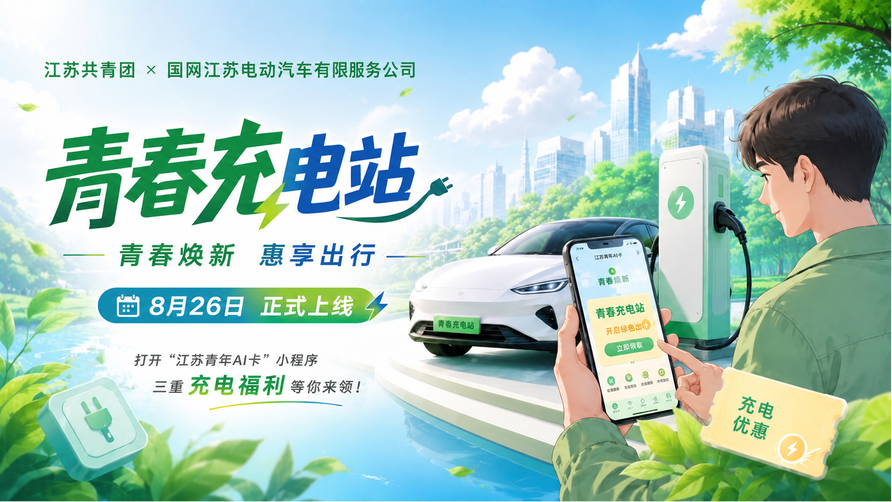 江苏共青团联合国网江苏电动汽车服务有限公司，面向江苏青年推出专属充电福利——“青
