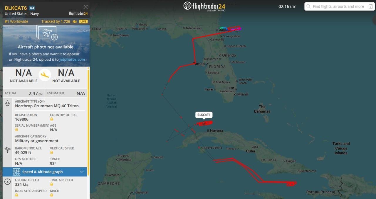 一架美国海军MQ-4C“海神”无人机过去几个小时一直在古巴周边海域执行任务，目前