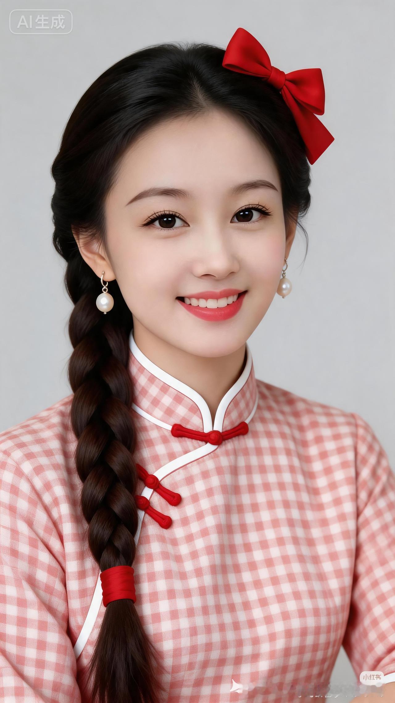 复古中国风少女，红白格子旗袍，甜美笑容，优雅气质。