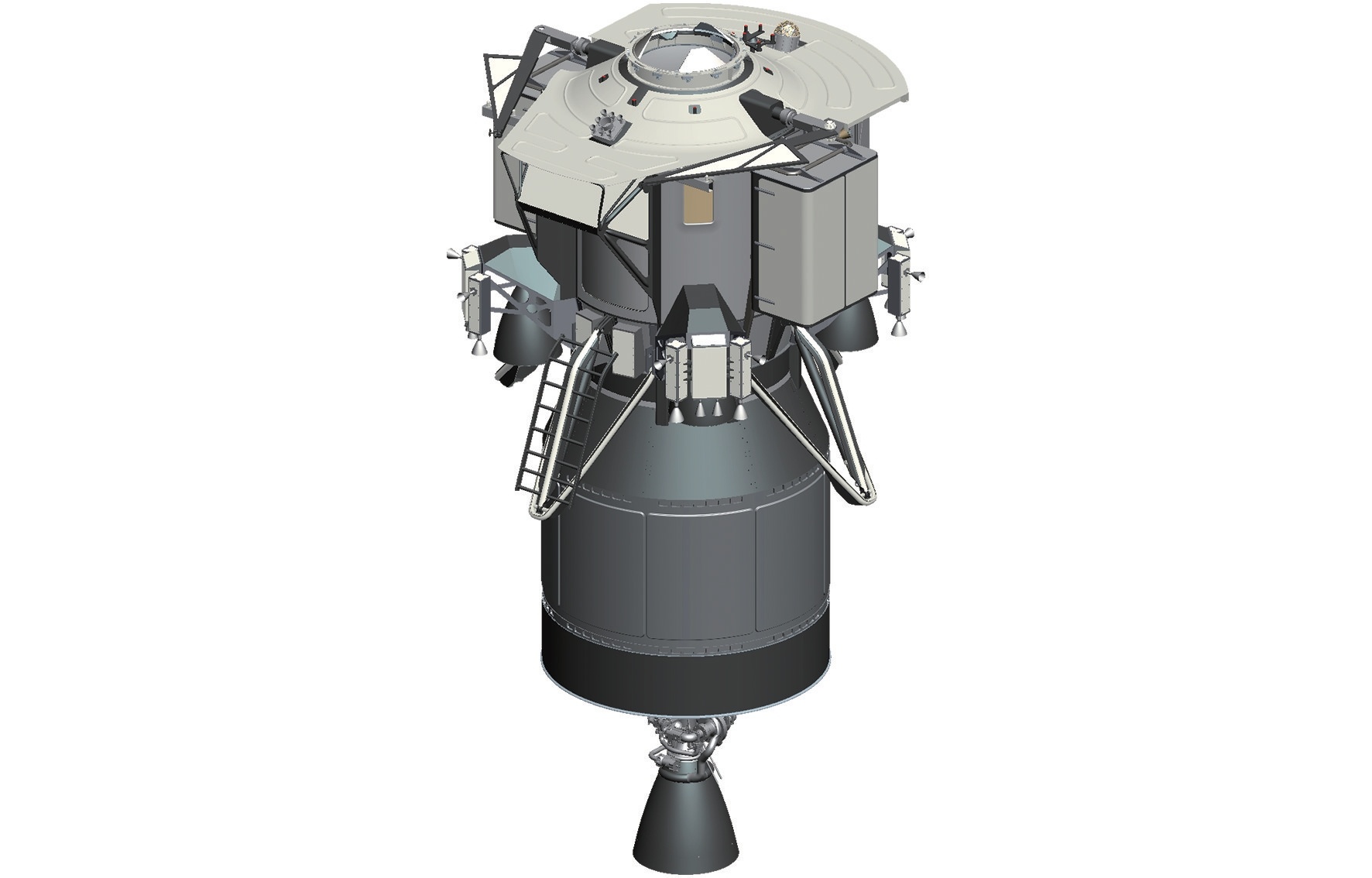 【揽月月面着陆器】载人月面着陆器质量规模为26t级，由登月舱和推进舱组成。登月舱