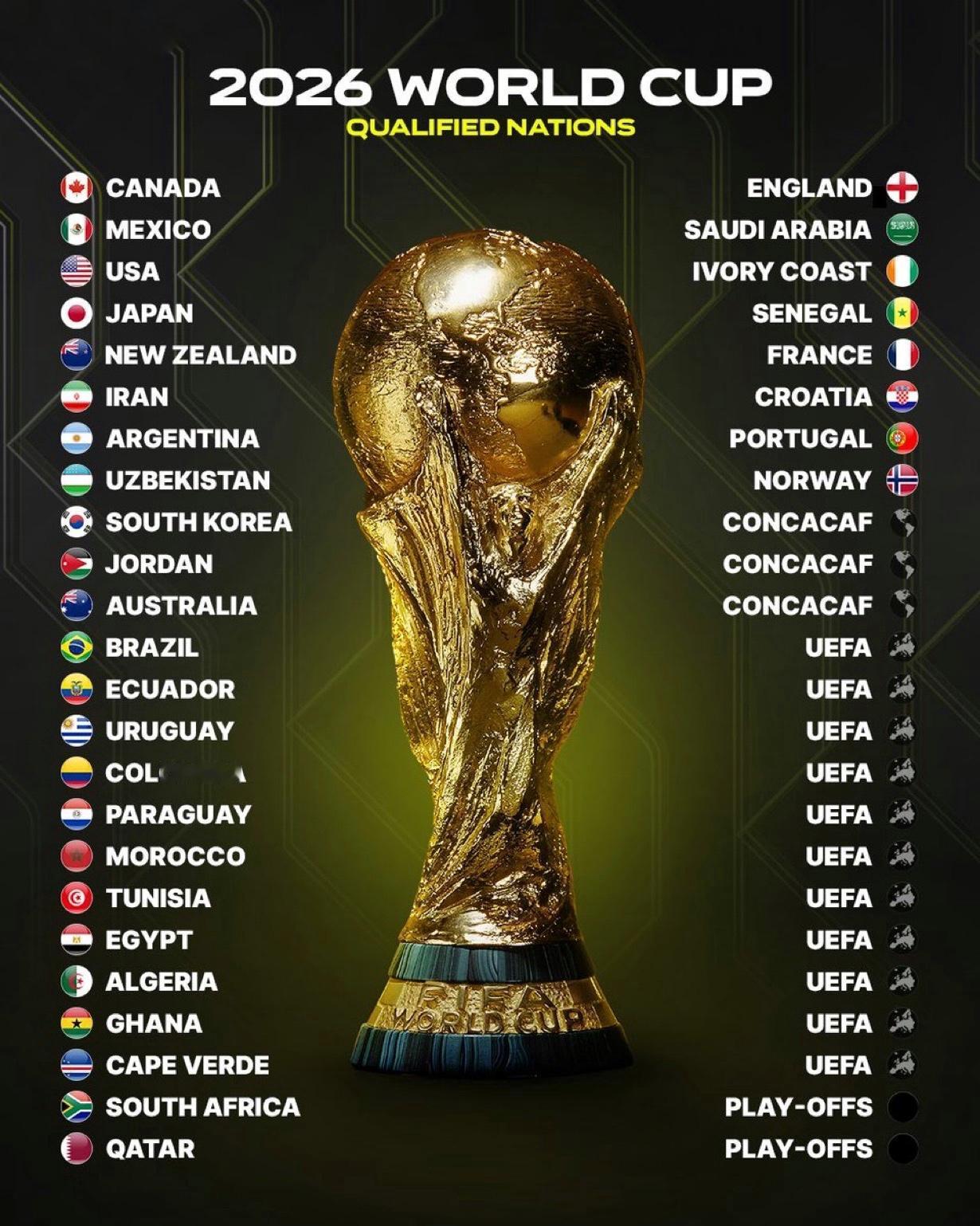 获得2026美加墨世界杯资格的球队：👇

1️⃣ 🇨🇦加拿大

2️⃣ ?