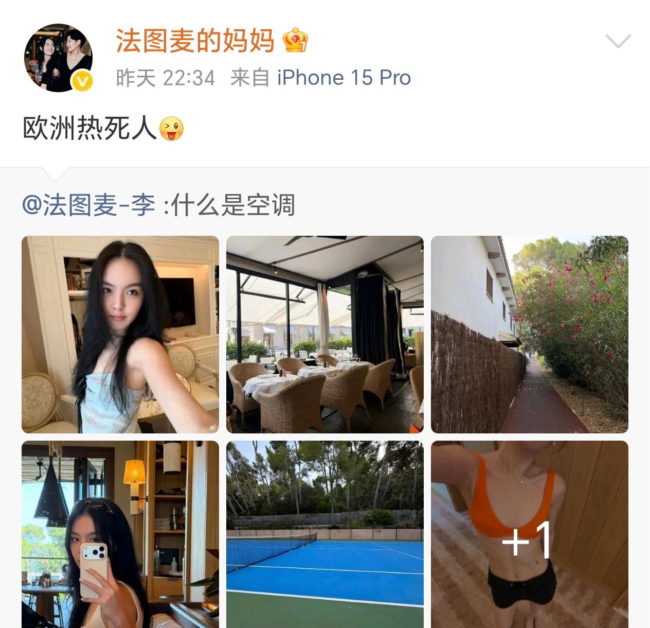 法图麦在欧洲旅行晒照配文："什么是空调。" 哈文秒转吐槽："欧洲热死人。"

母
