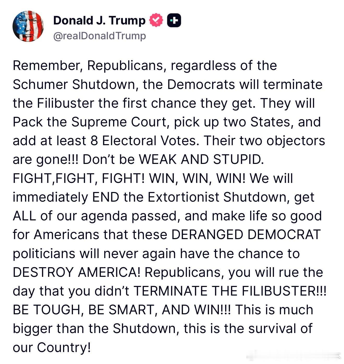 【黄金时代】川普鼓励共和党以牙还牙，面对舒默停摆，废除Filibuster川普：