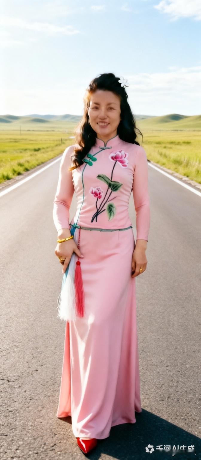 穿粉色旗袍的女士站在公路上。