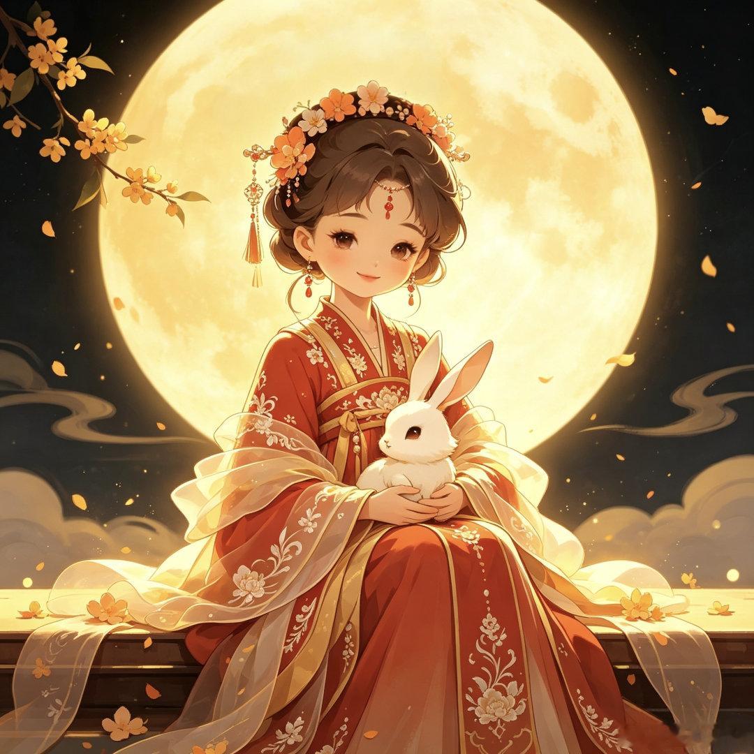 花香月圆夜玉兔与女孩温馨头像 