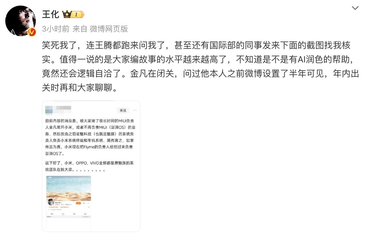 金凡离职的假消息，都惊动了王腾，甚至连国际部的同事都来找王化求证。看来消息传挺广