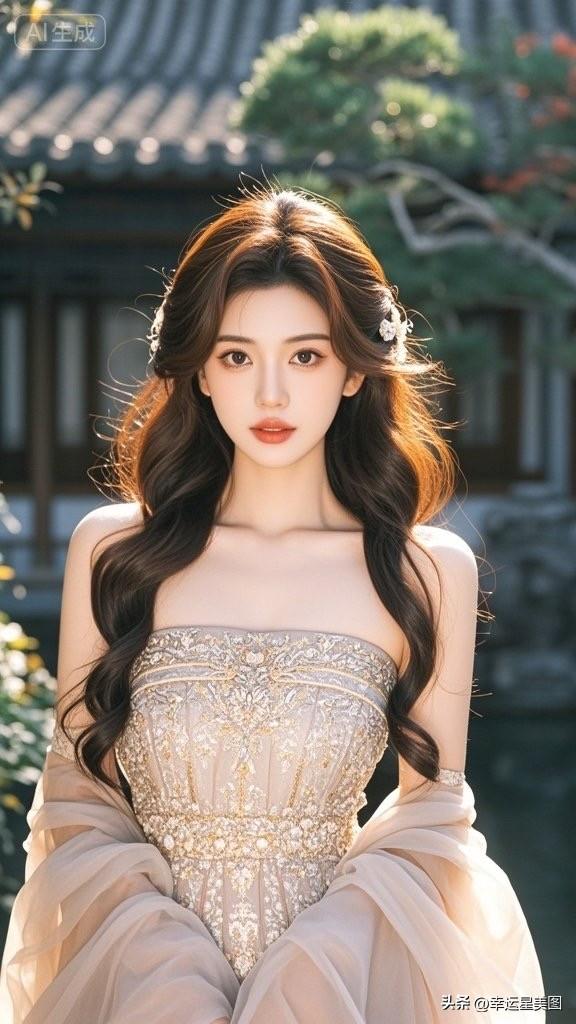 梦幻蓝裙少女，手捧粉色莲花，古典与现代的完美融合。