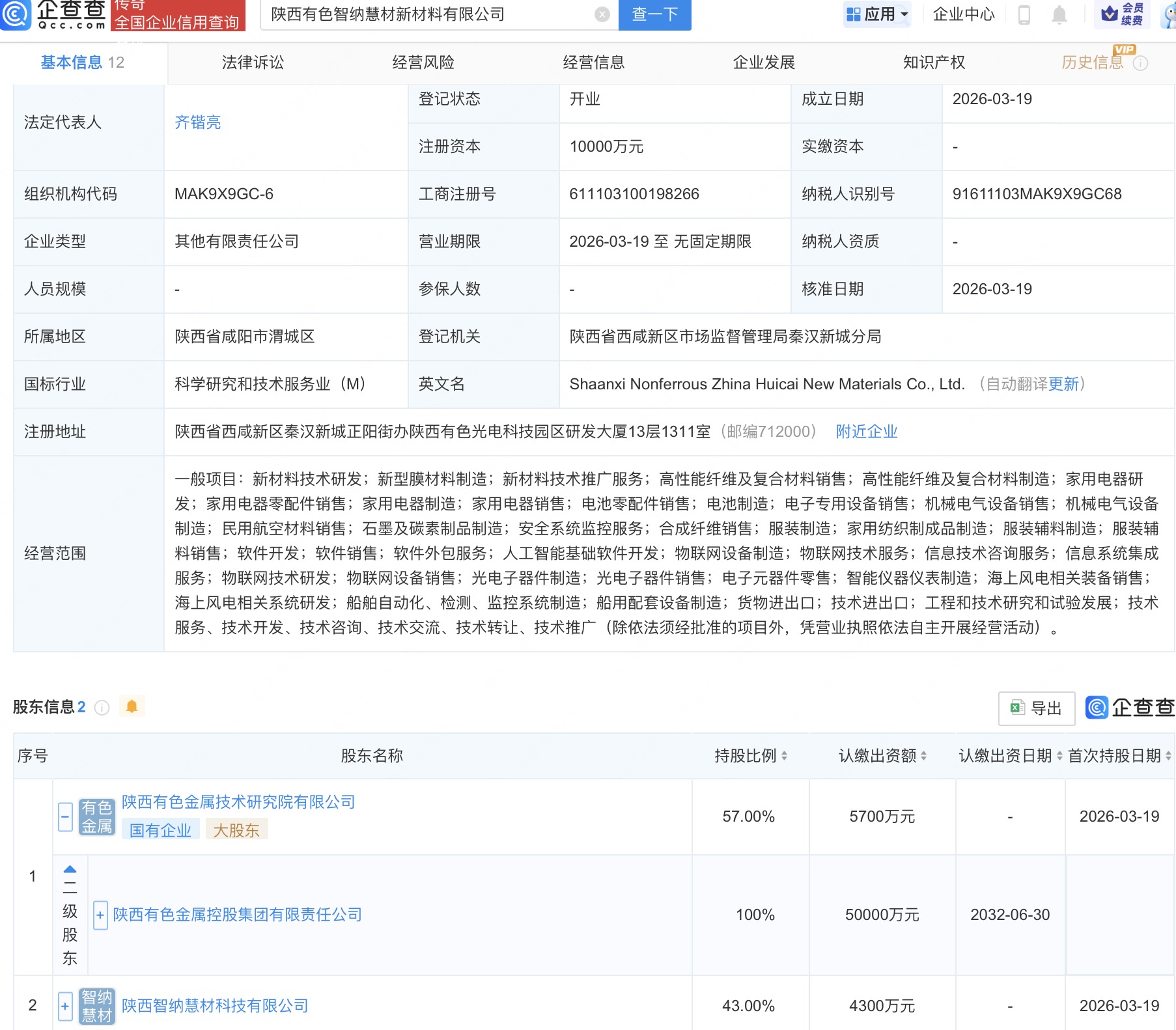 陕西有色金属集团等成立新材料公司，含AI业务