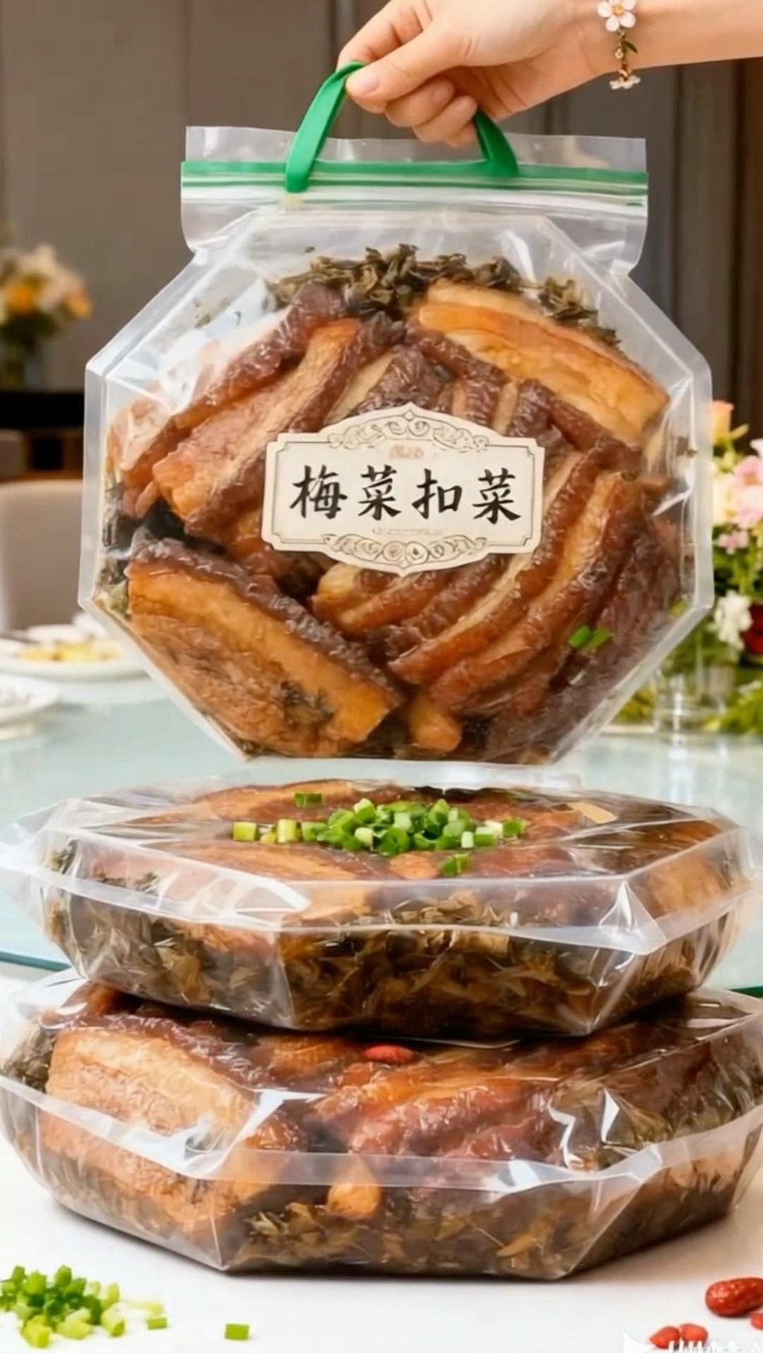 采用传统工艺上等五花肉，外皮炸的虎皮状秘制酱料色泽红润，扣肉底层搭配...