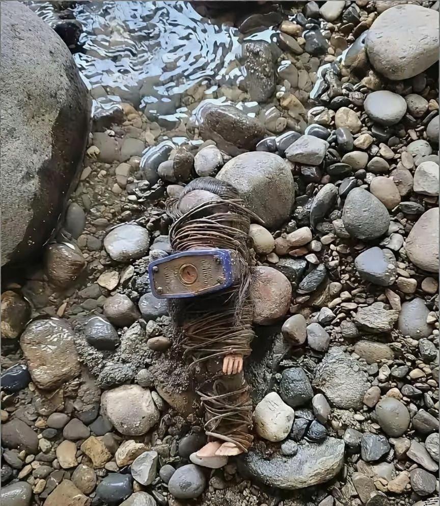 “这是什么东西？在河边看到的”，原作者还附有两张照片。
物体为缠满铁丝的娃娃状物