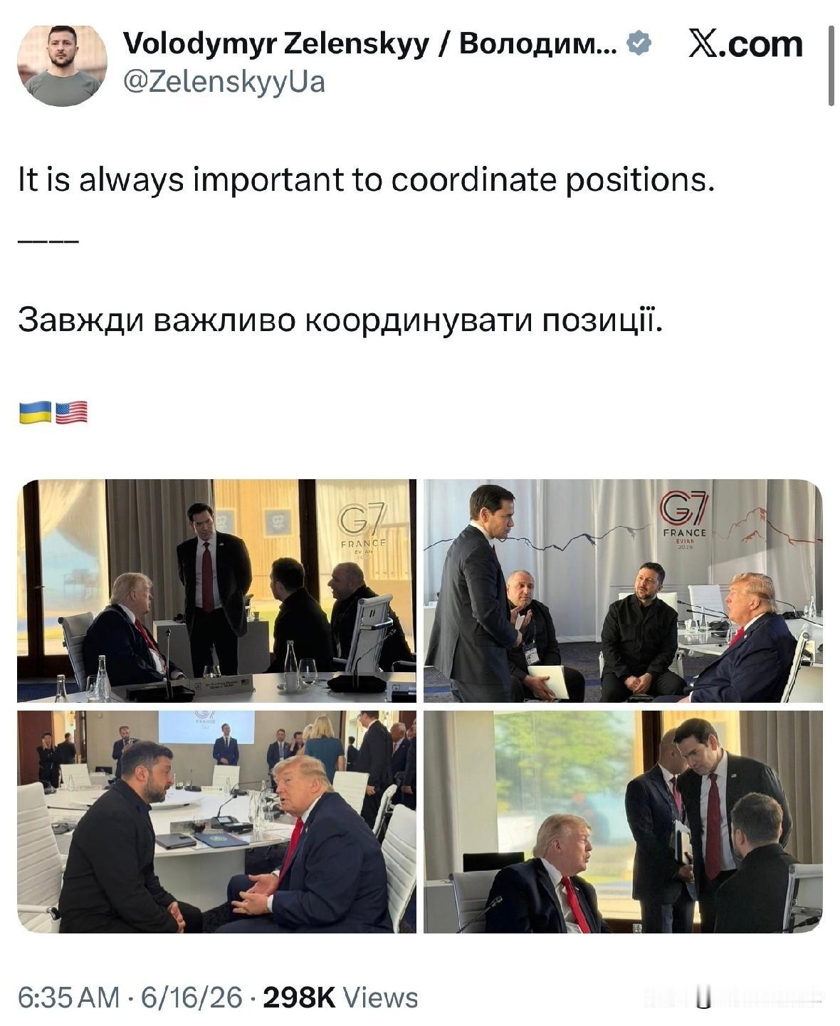 泽圣发布他在G7峰会上，与川普等人交谈的画面，并配文：
“协调立场至关重要。”